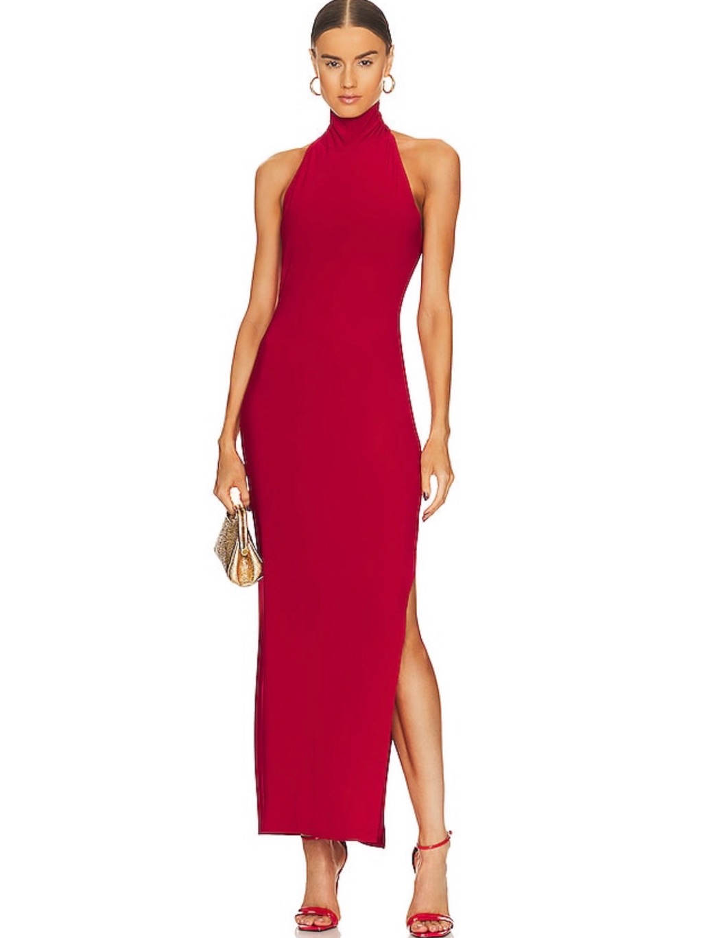 Norma Kamali Red Halter Turtleneck Side Slit Gown In Red